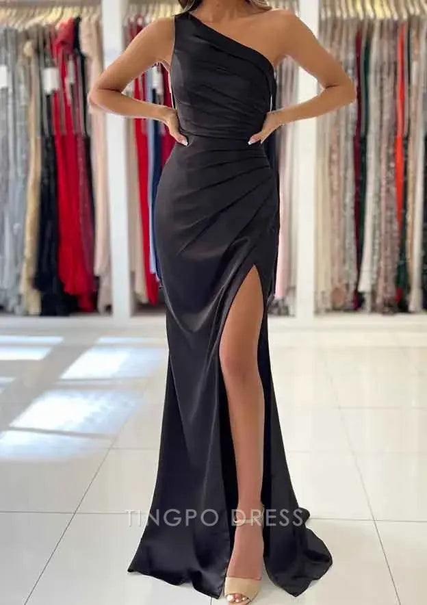 TingPo Wholesale Elegant Sheath/Column One-Shoulder Sleeveless Long/Floor-Length Silk like Satin Prom Dress with Split Pleated